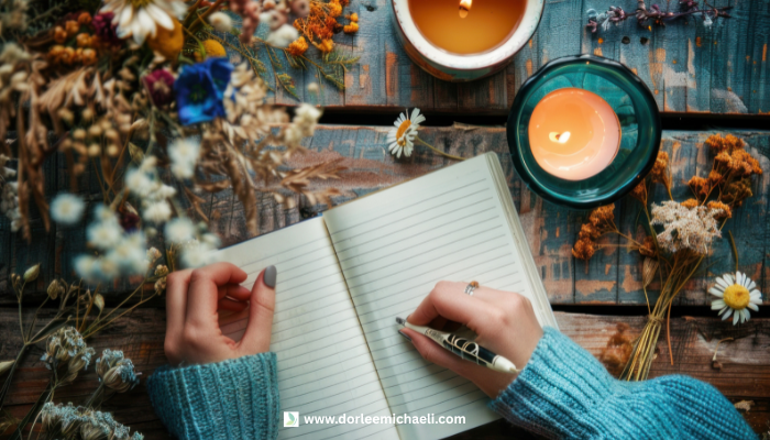 Hand writing in journal with tea and candle as self-care tools for managing anxiety and stress