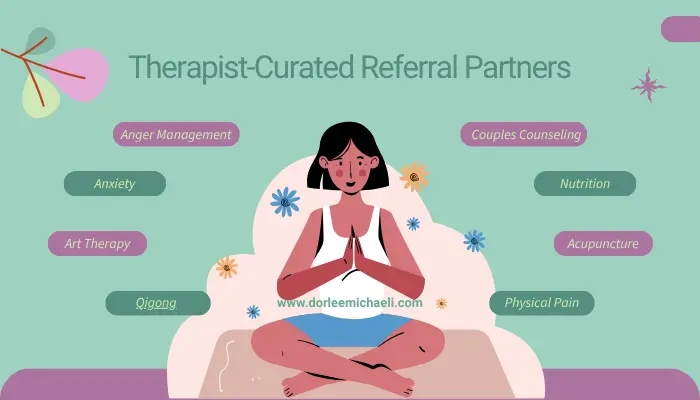 Illustration of a woman meditating surrounded by referral categories like anxiety, nutrition, and couples counseling – curated by therapist Dorlee Michaeli.