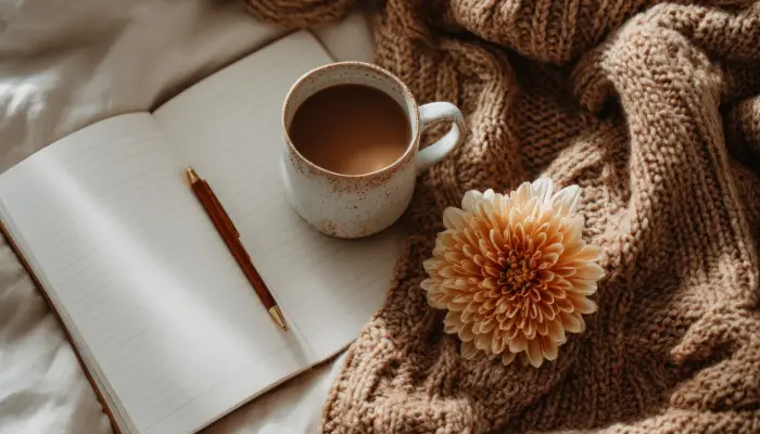 Reflections on therapy for anxiety and trauma, calm journal with coffee and flower