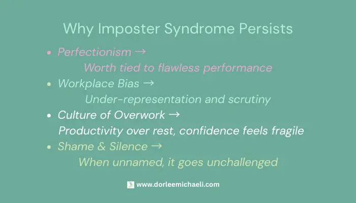 Why imposter syndrome persists: perfectionism, workplace bias, overwork, shame and silence