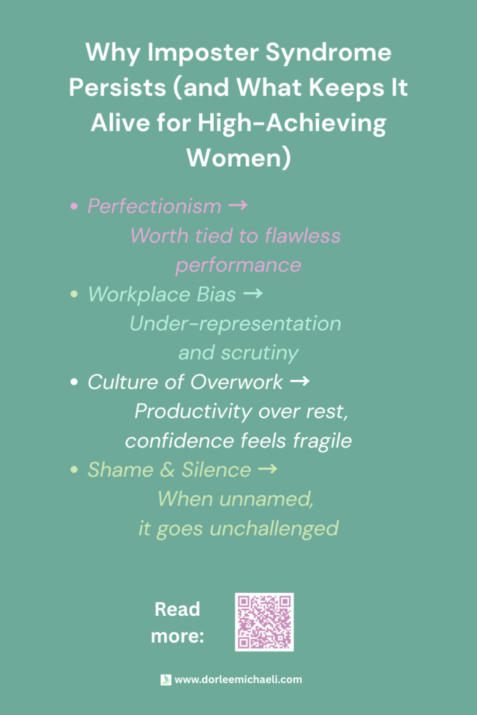 Pinterest graphic with text: Why Imposter Syndrome Persists. Lists 4 reasons: perfectionism (worth tied to flawless performance), workplace bias (under-representation and scrutiny), culture of overwork (productivity over rest, confidence feels fragile), and shame and silence (when unnamed, it goes unchallenged).