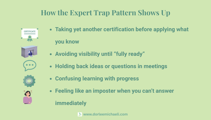 Graphic titled “How the Expert Trap Pattern Shows Up” listing signs such as over-preparing, avoiding visibility, and confusing learning with progress.