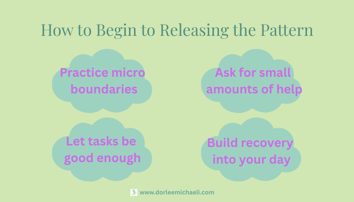 Graphic showing four steps to begin shifting the Superwoman Pattern including micro boundaries asking for help and allowing good enough work.