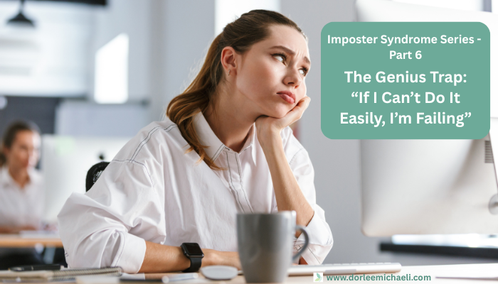 Natural Genius Imposter Syndrome: high-achieving woman at computer feeling stuck