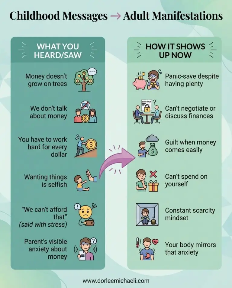 Comparison table showing childhood money messages and the financial anxiety patterns they create in adult behavior