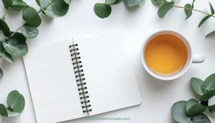 Calm workspace with journal and tea representing free therapy resources for anxiety and nervous system regulation